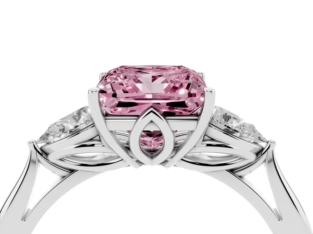 Fancy Pink Princess Cut Diamond Three-Stone Ring with Pear Side Stones and Prong Setting Silver