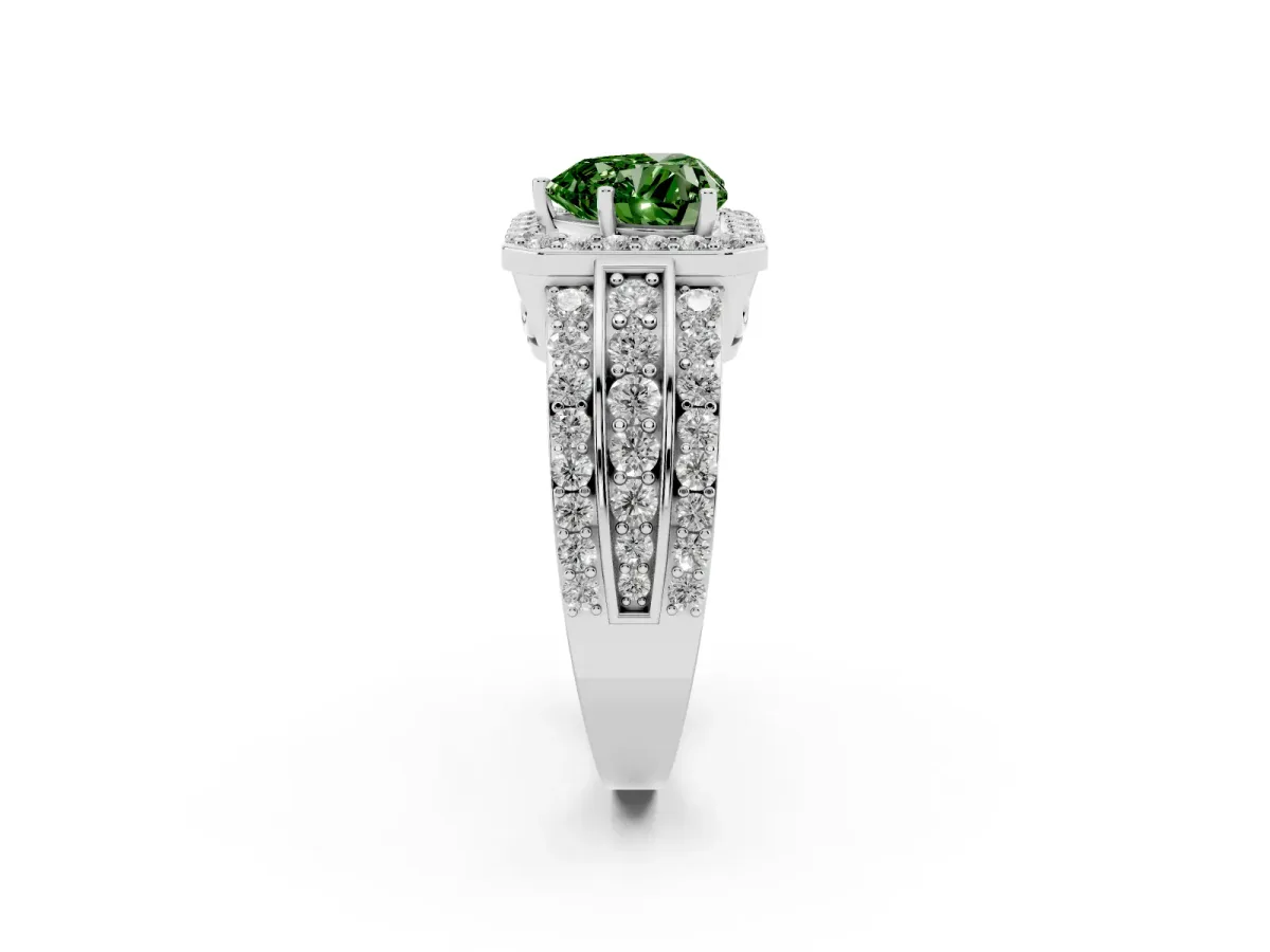 Fancy Green Heart Cut Halo Diamond Ring with Round Split Shank and Prong Setting Silver