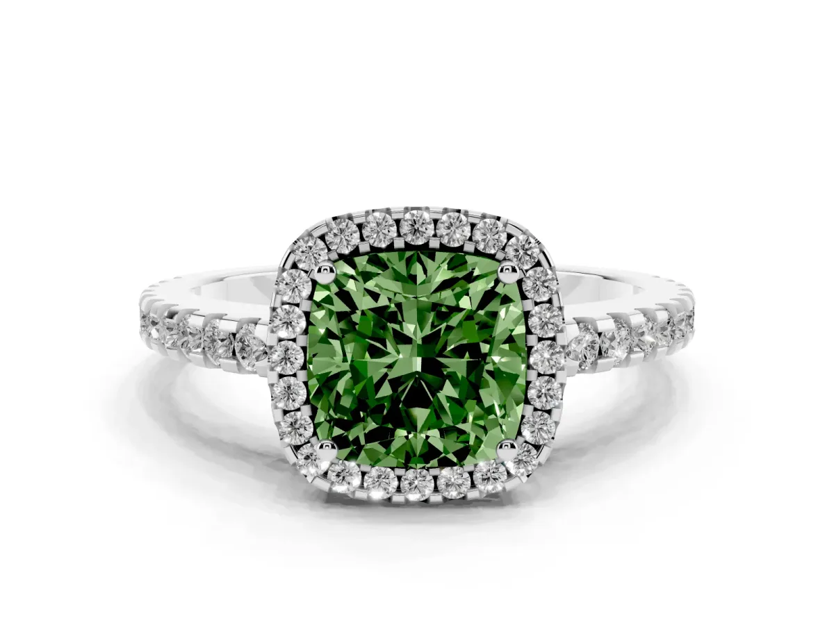Fancy Green Cushion Cut Diamond Halo Engagement Ring with Pavé Band and Prong Setting Silver