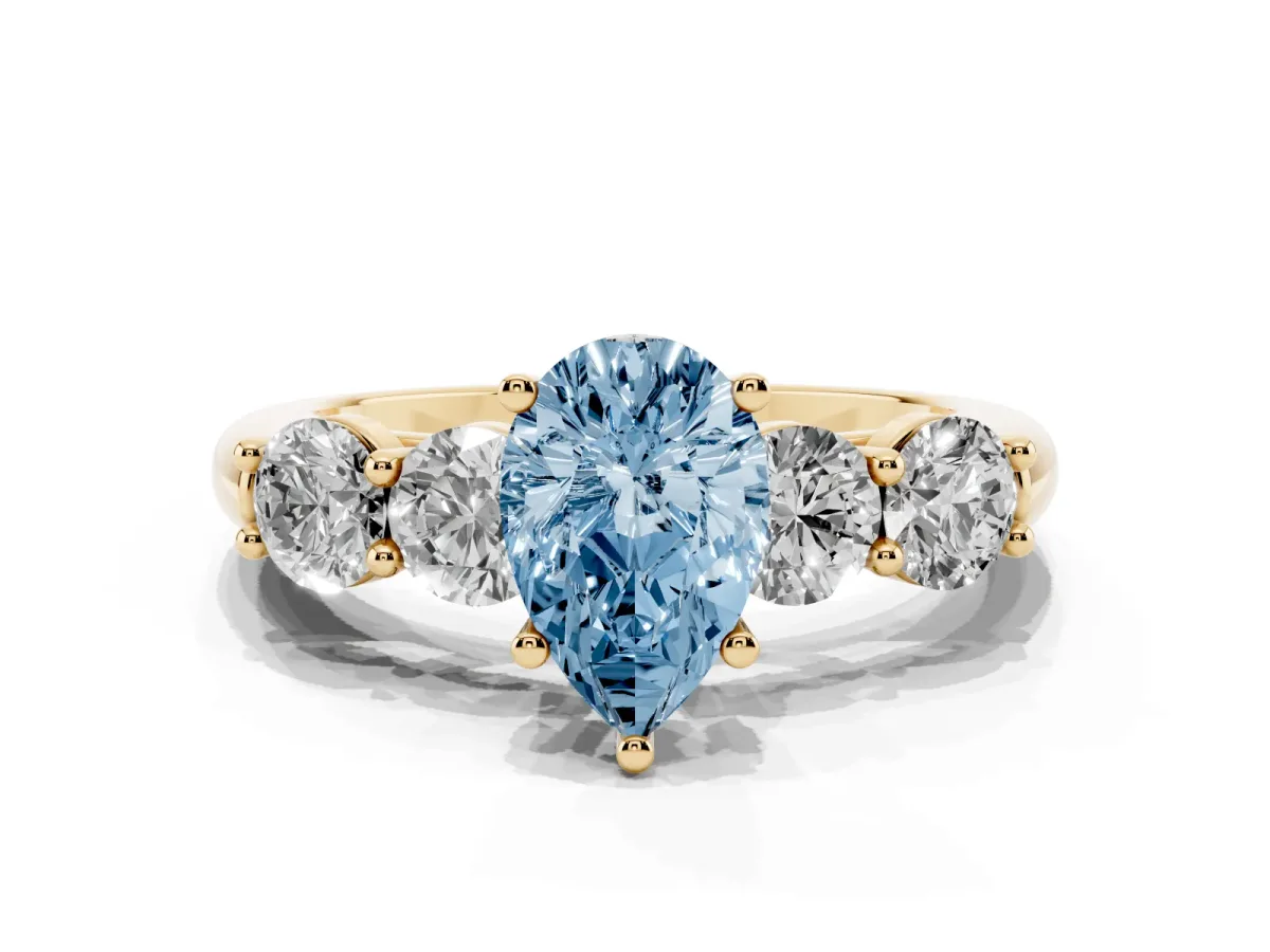 Fancy Blue Pear Cut Cut Five-Stone Prong Set Diamond Ring with Classic Band Yellow gold