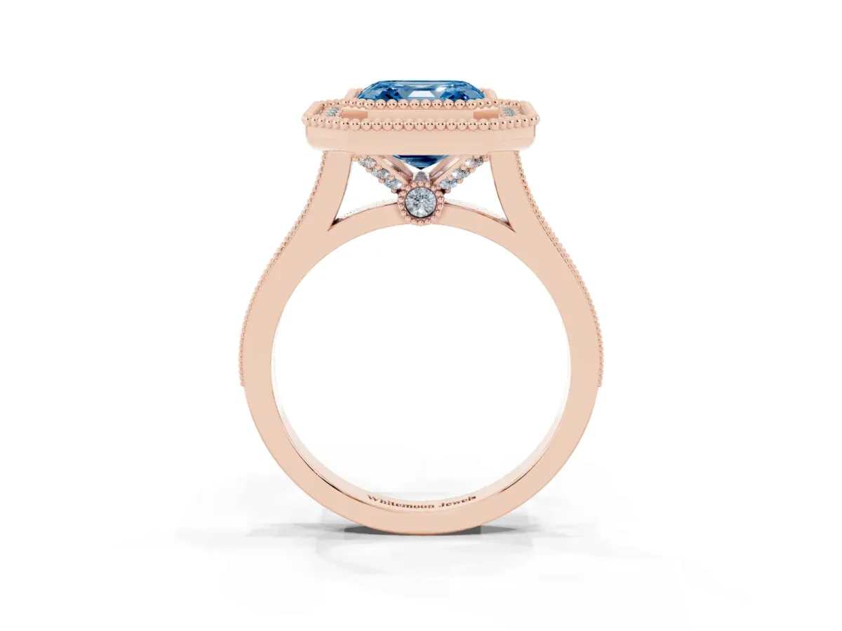 Fancy Blue Asscher Cut Diamond Halo Ring with Milgrain Frame and Pavé Band Rose gold