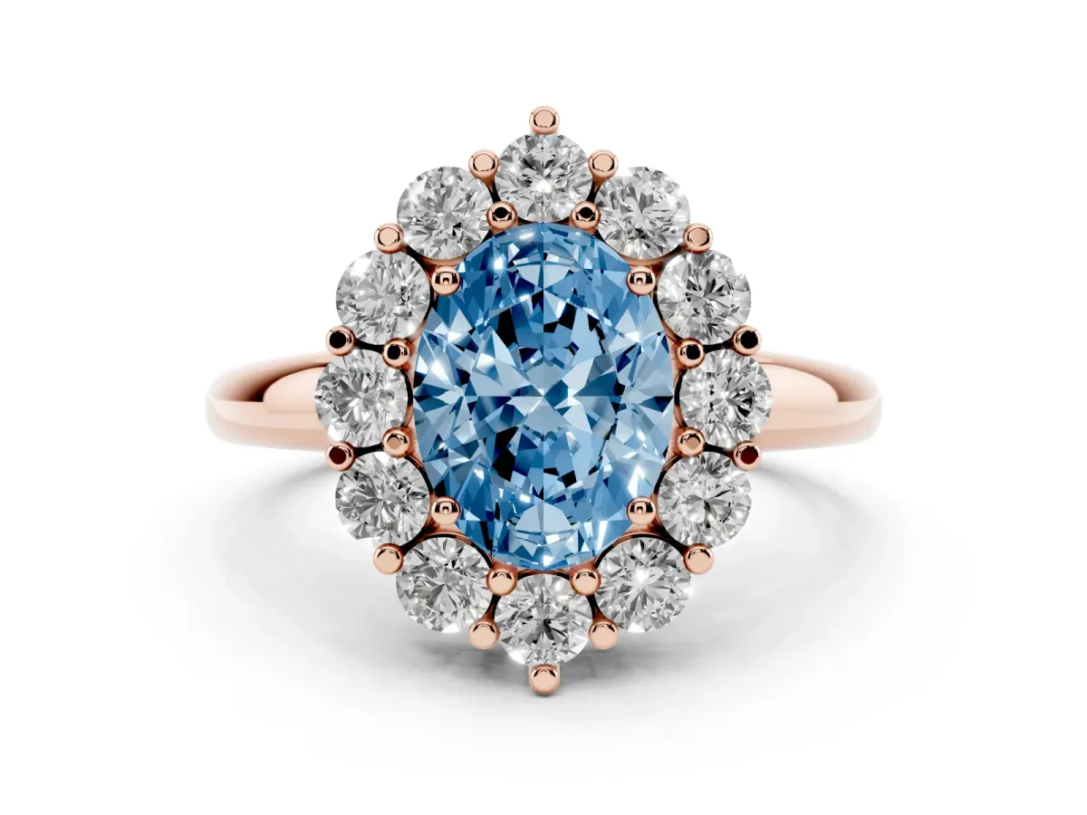 Fancy Blue Oval Cut Halo Cluster Diamond Engagement Ring with Prong Setting and Polished Band Rose gold