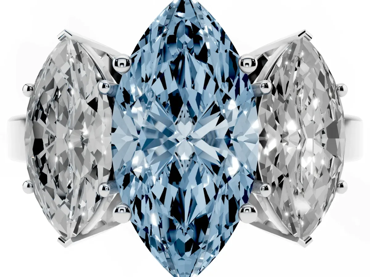 Fancy Blue Three-Stone Marquise Cut Cut Diamond Engagement Ring with Flat Band and Four-Prong Setting Silver