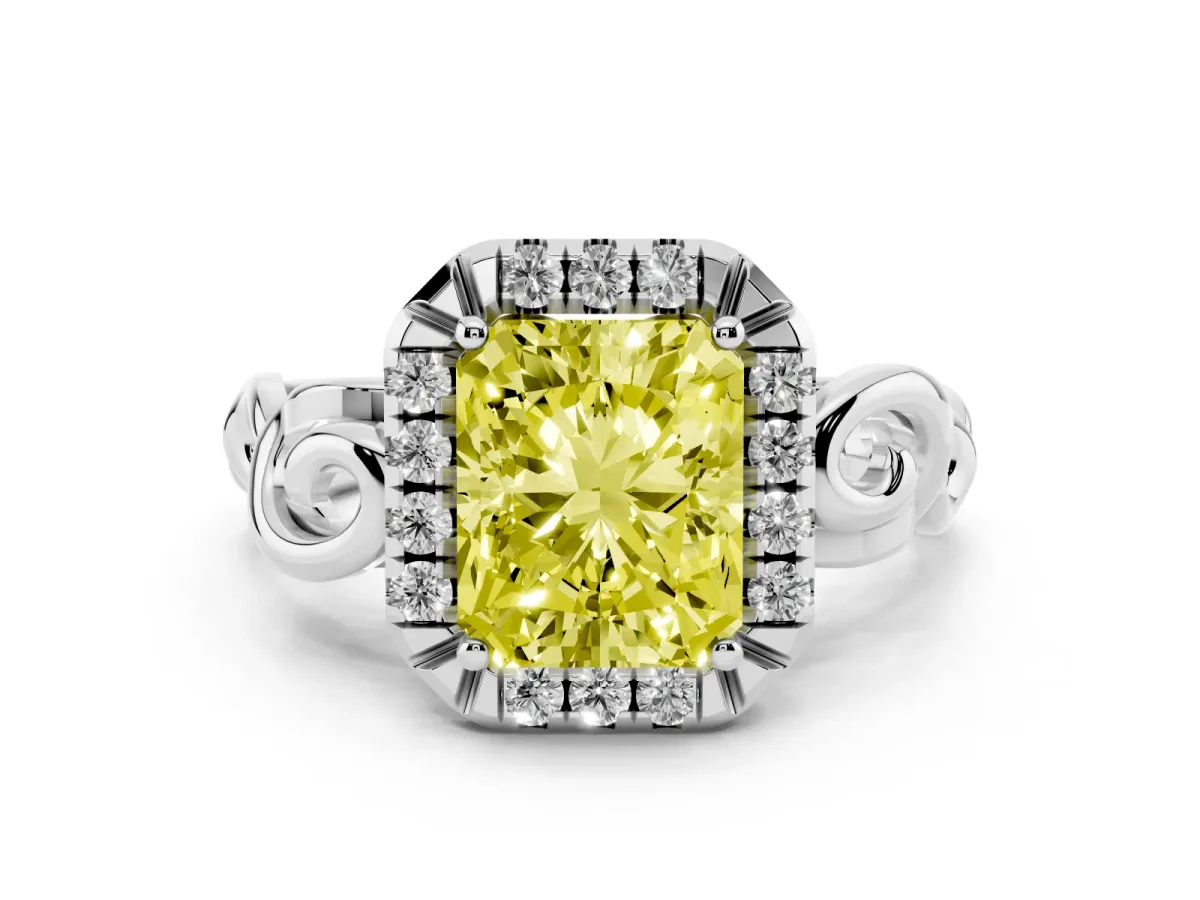 Fancy Yellow Radiant Cut Cut Halo Diamond Ring with Scrollwork Band and Four-Prong Setting Silver
