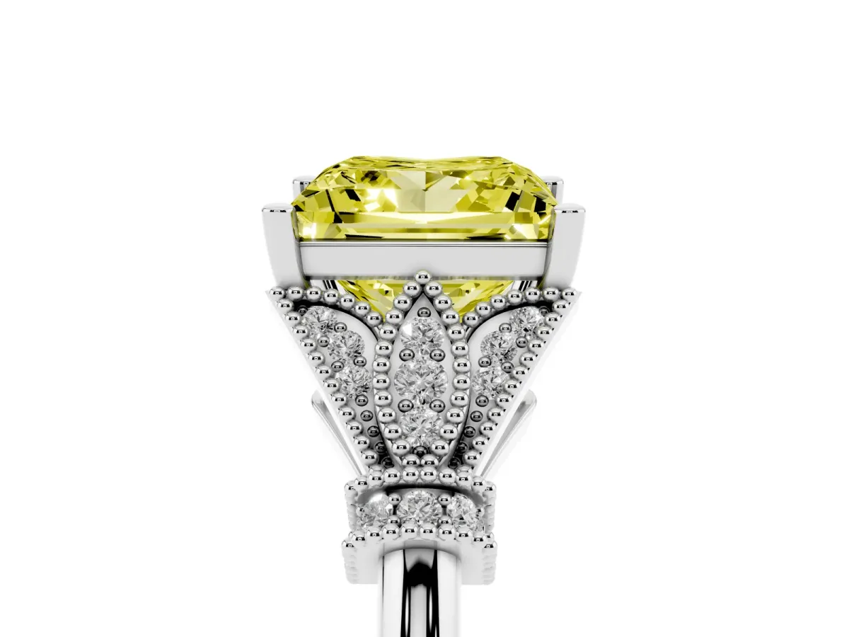 Fancy Yellow Princess Cut Diamond Solitaire Ring with Floral Filigree and Pave Accents White gold