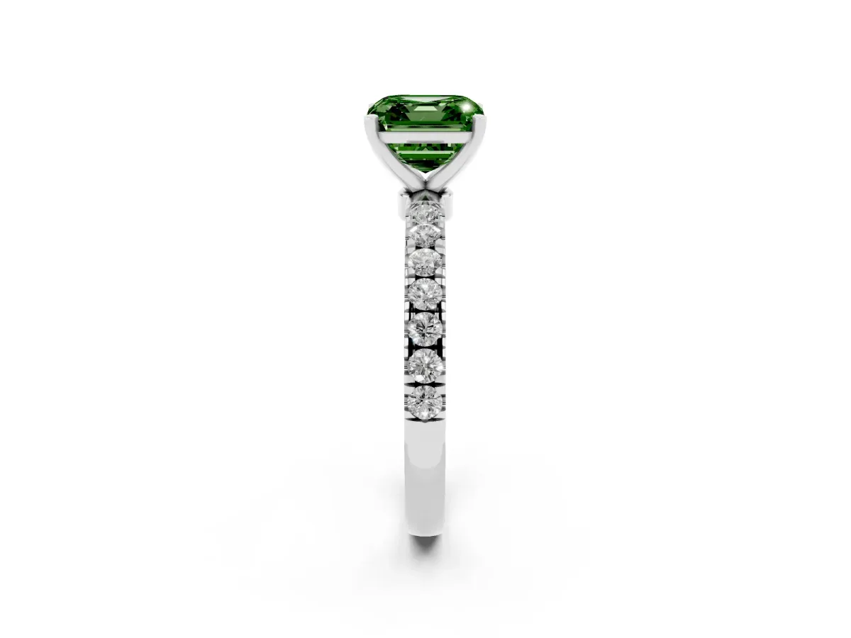 Fancy Green Asscher Cut Diamond Solitaire Ring with Pavé Accents and Four-Prong Setting Platinum