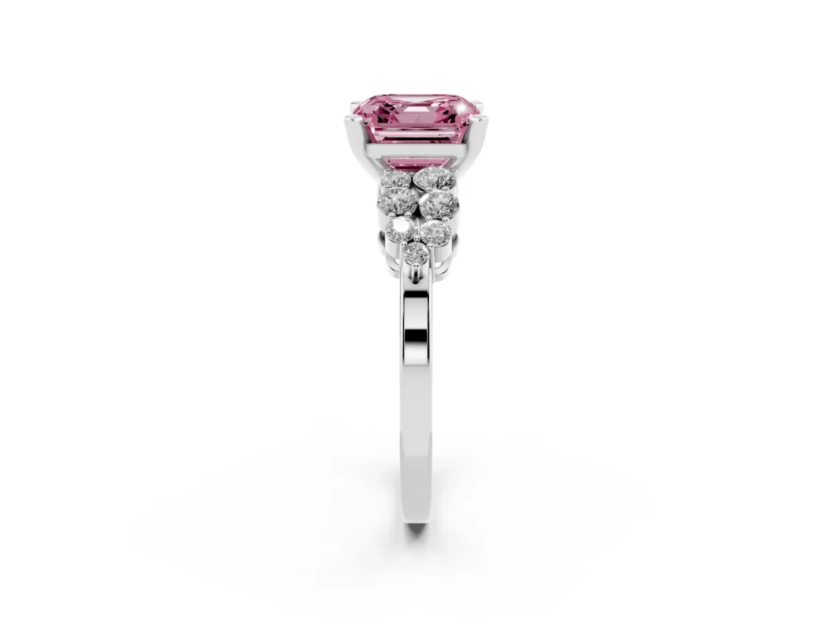 Fancy Pink Asscher Cut Cluster Diamond Engagement Ring with Pavé Band and Four-Prong Setting Silver