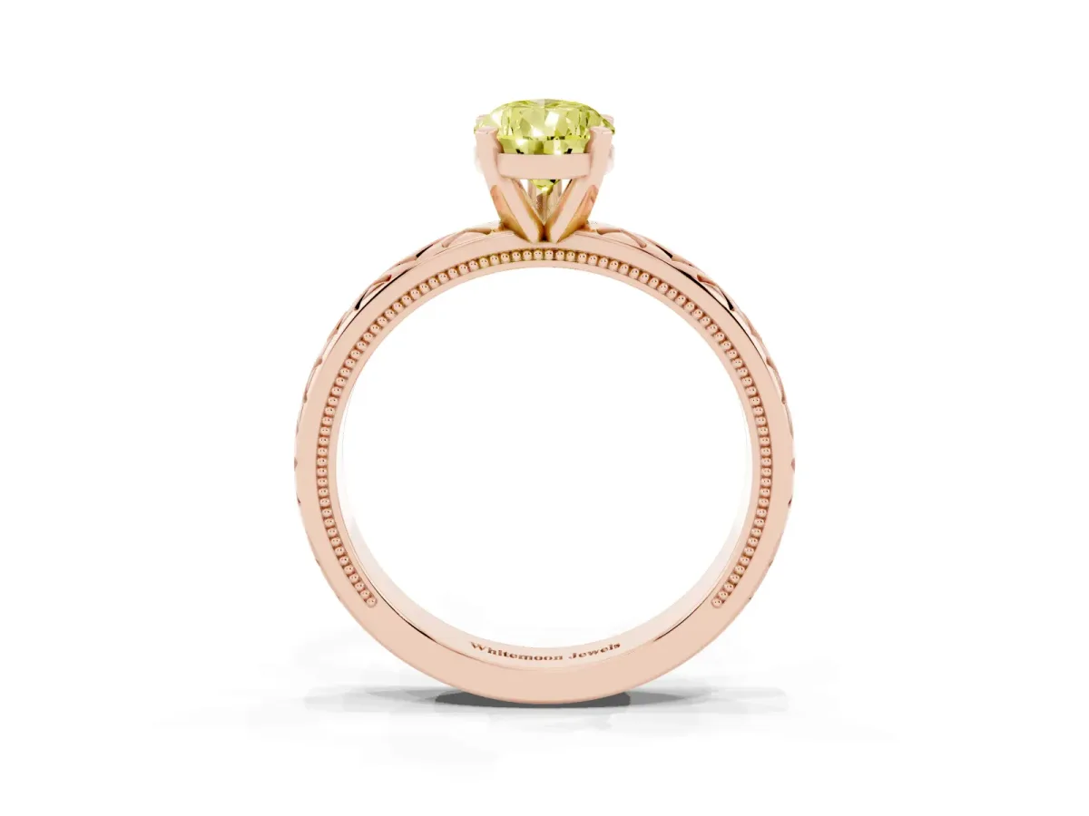 Fancy Yellow Pear Cut Solitaire Diamond Ring with Milgrain and Black Enamel X Pattern Band Rose gold