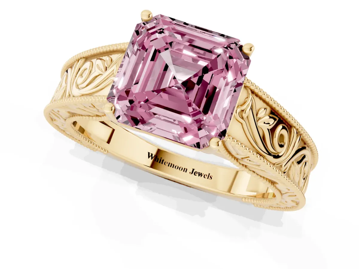 Fancy Pink Asscher Cut Diamond Solitaire Ring with Engraved Band and Four-Prong Setting Yellow gold