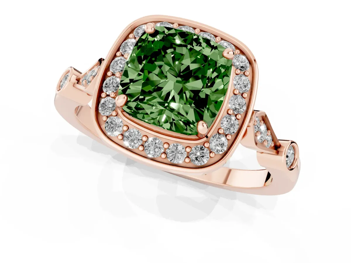 Fancy Green Cushion Cut Halo Diamond Engagement Ring with Twisted Band and Four-Prong Setting Rose gold