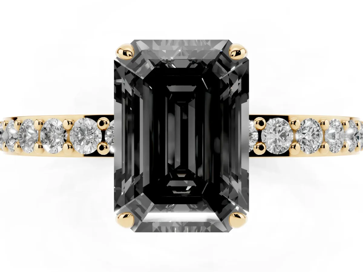 Fancy Black Emerald Cut Diamond Solitaire Engagement Ring with Pavé Band and Four-Prong Setting Yellow gold
