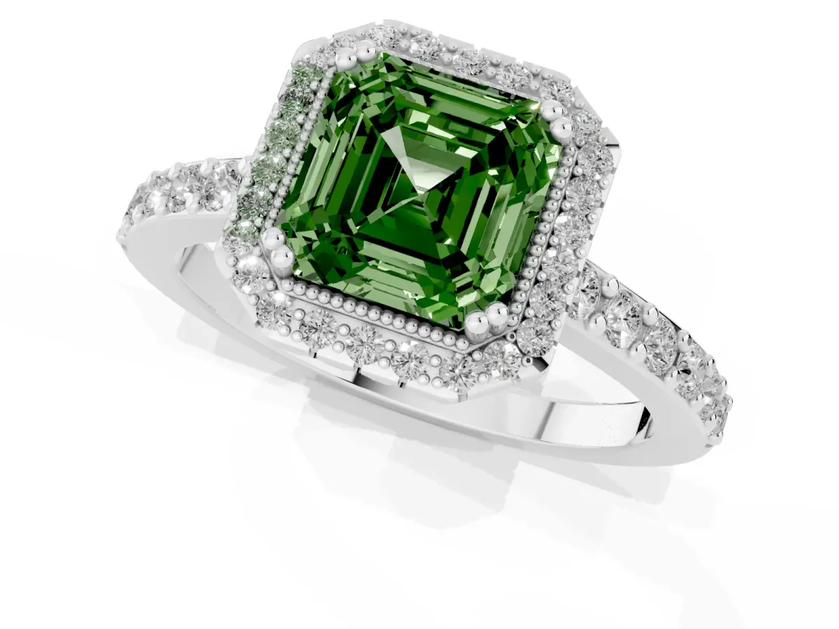 Fancy Green Asscher Cut Cut Diamond Halo Engagement Ring with Milgrain Detail and Pavé Band Platinum