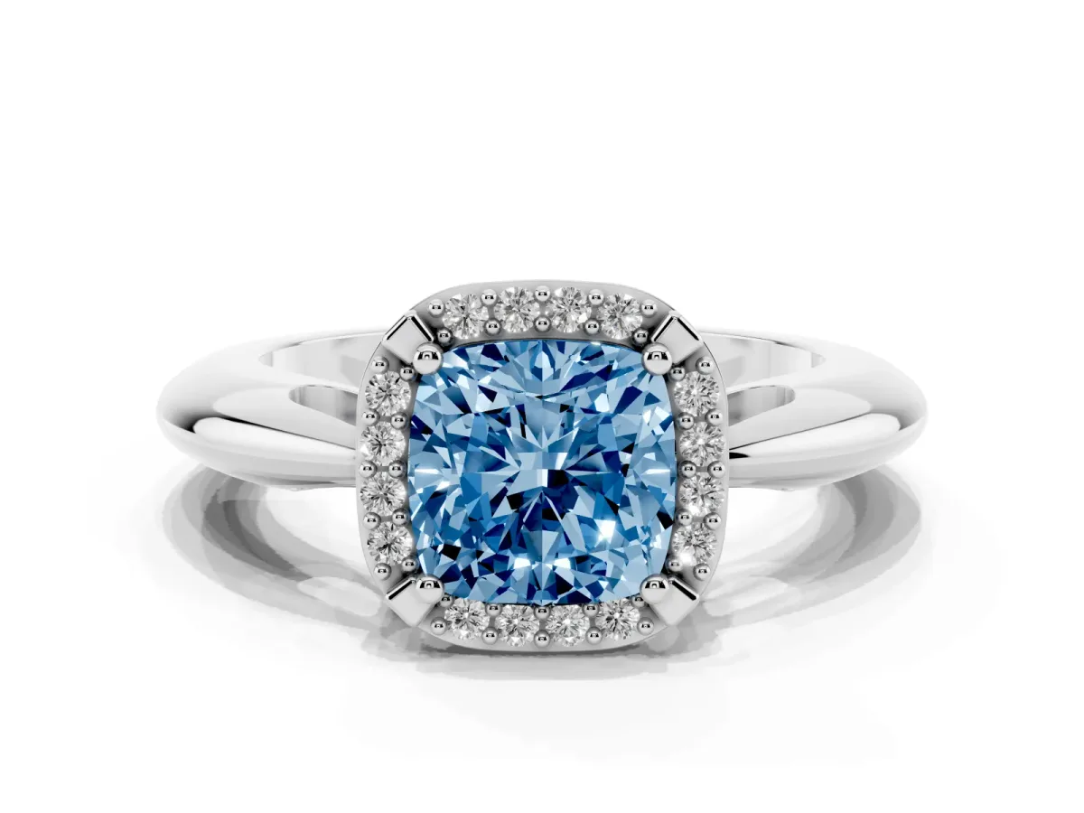 Fancy Blue Cushion Cut Cut Diamond Halo Engagement Ring with Split Shank and Four-Prong Setting Silver