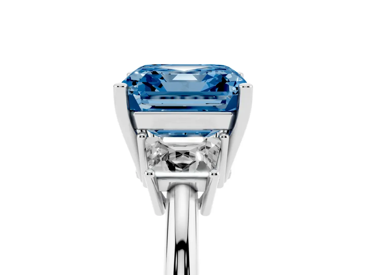 Fancy Blue Asscher Cut Diamond Three-Stone Ring with Trapezoid Side Stones and Prong Setting Platinum