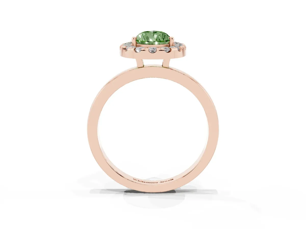 Fancy Green Pear Cut Halo Diamond Solitaire with Pavé Band and Four-Prong Setting Rose gold