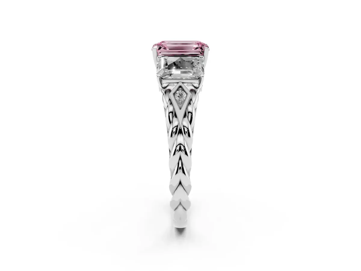 Fancy Pink Three-Stone Emerald Cut Diamond Braided Band Ring with Four-Prong Setting Platinum