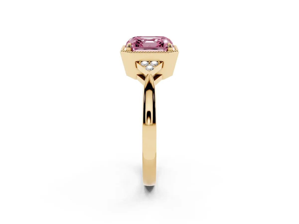 Fancy Pink Hexagonal Halo Asscher Cut Diamond Solitaire with Pavé Band and Four-Prong Setting Yellow gold