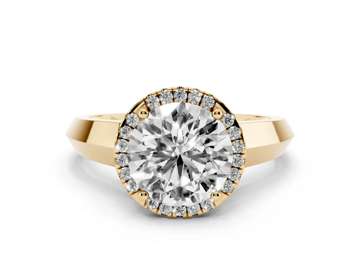 Round Cut Halo Diamond Ring with Cathedral Band and Four-Prong Setting Yellow gold