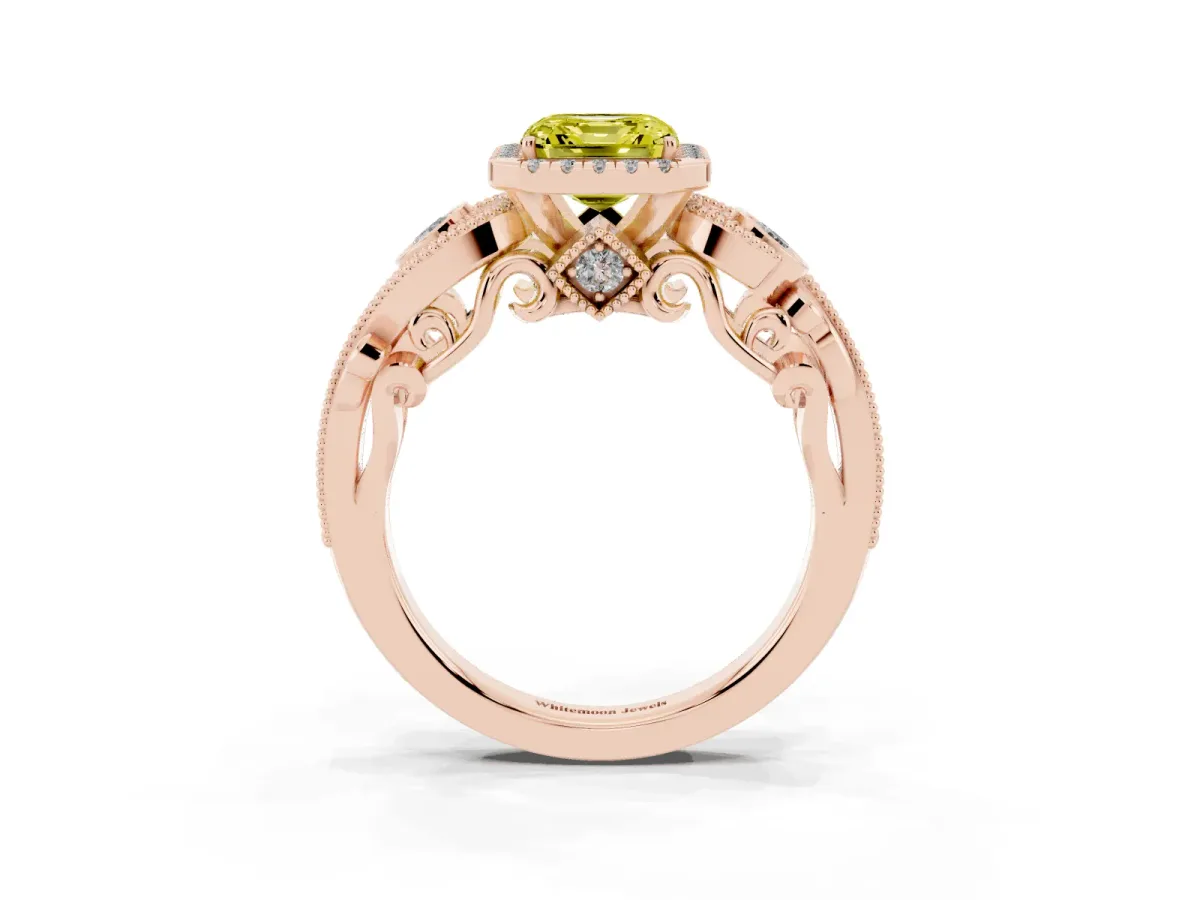 Fancy Yellow Asscher Cut Halo Diamond Ring with Milgrain and Bezel Accents on a Split Shank Band Rose gold
