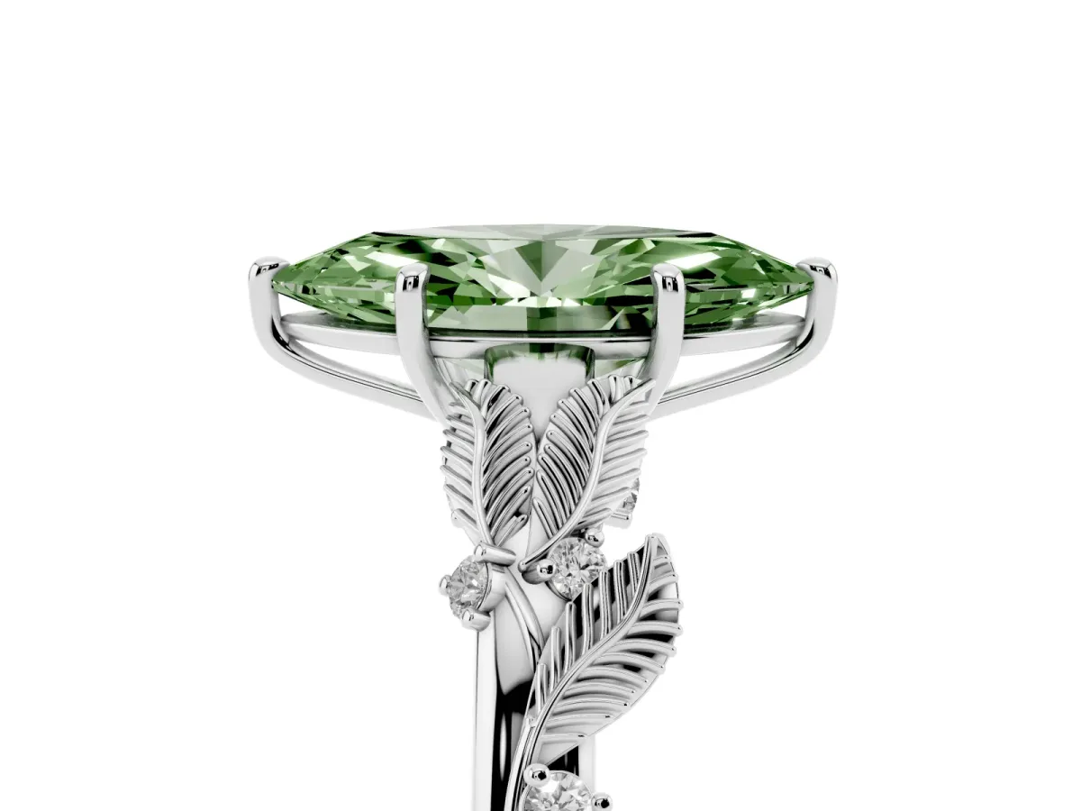 Fancy Green Marquise Cut Diamond Solitaire Ring with Leaf Motif Band and Four-Prong Setting Silver