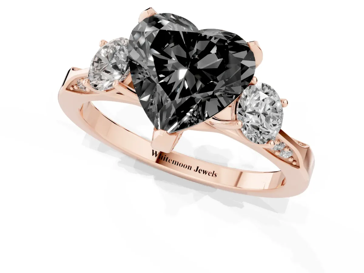 Fancy Black Heart Cut Brilliant Three-Stone Diamond Ring with Pavé Band and Four-Prong Setting Rose gold
