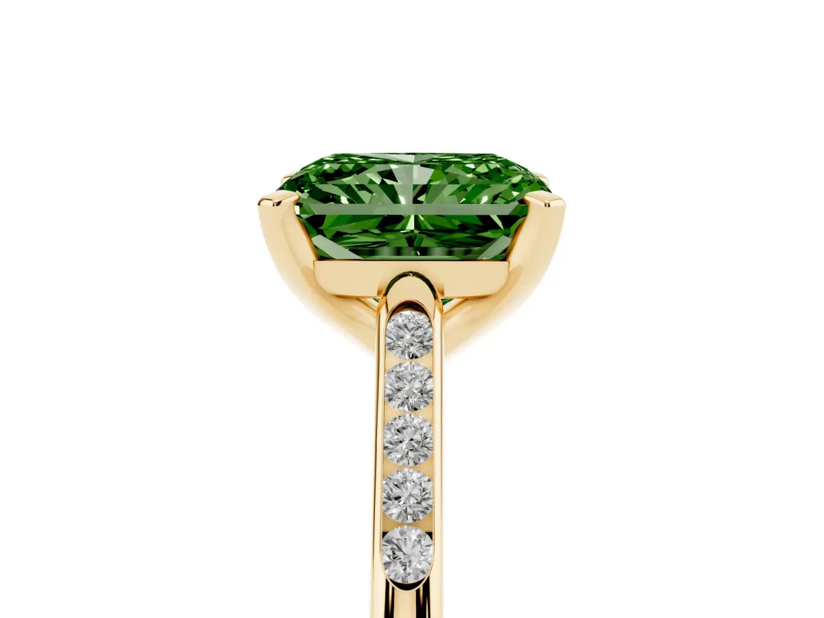 Fancy Green Radiant Cut Diamond Solitaire Ring with Channel Set Round Band and Prong Setting Yellow gold