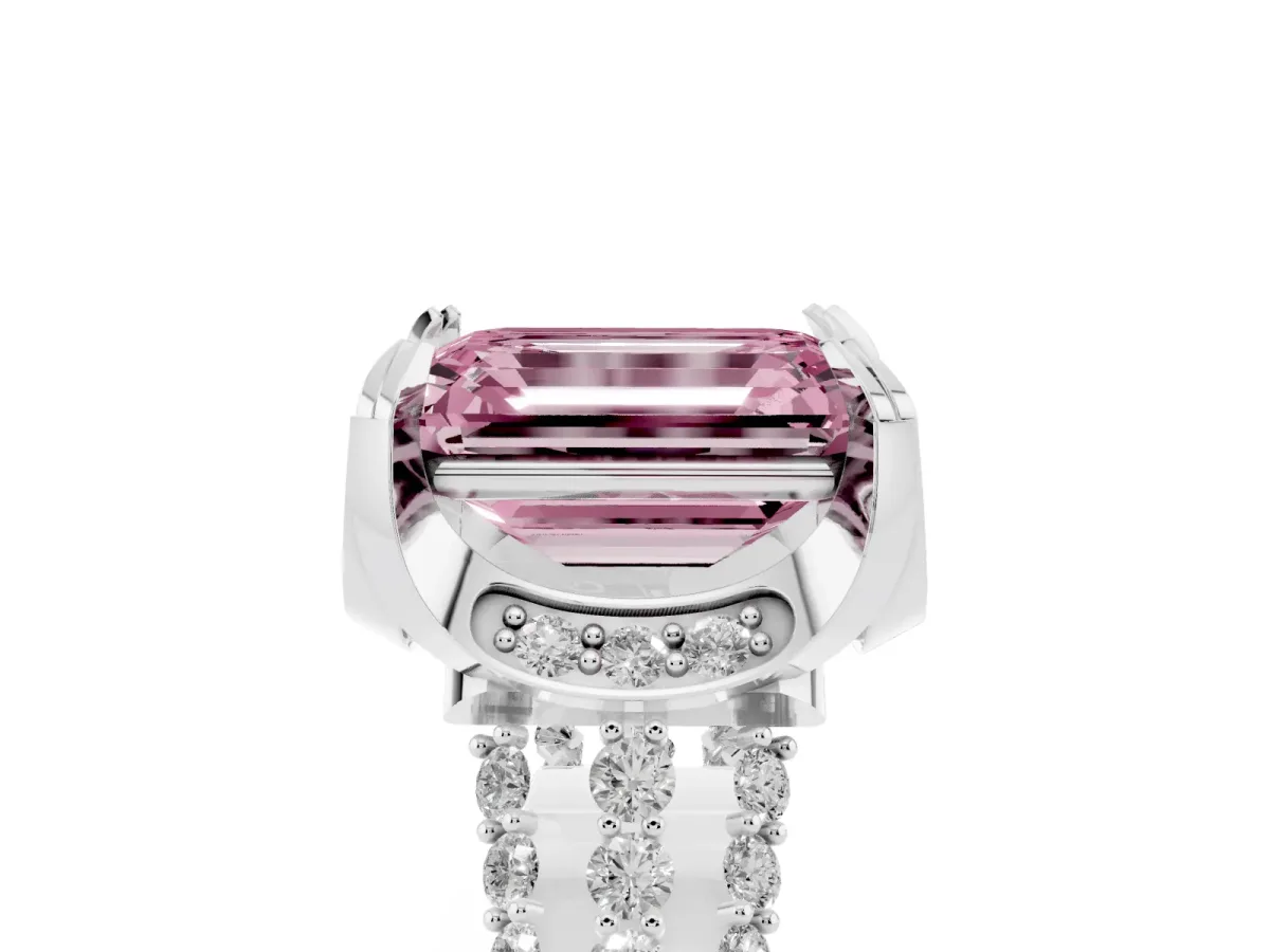Fancy Pink Emerald Cut Solitaire Pave Split Shank Ring with Four-Prong Setting Silver