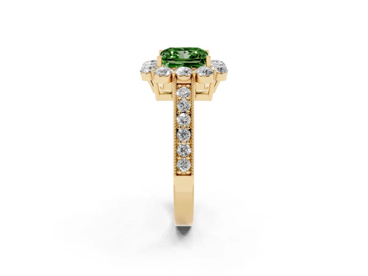 Fancy Green Princess Cut Cut Halo Diamond Pavé Engagement Ring with Milgrain Detailing Yellow gold