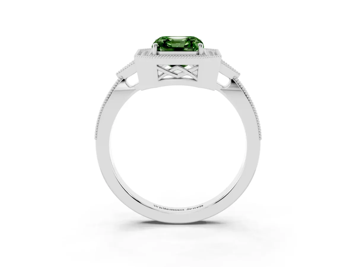 Fancy Green Asscher Cut Halo Round Diamond Milgrain Pave Engagement Ring Silver