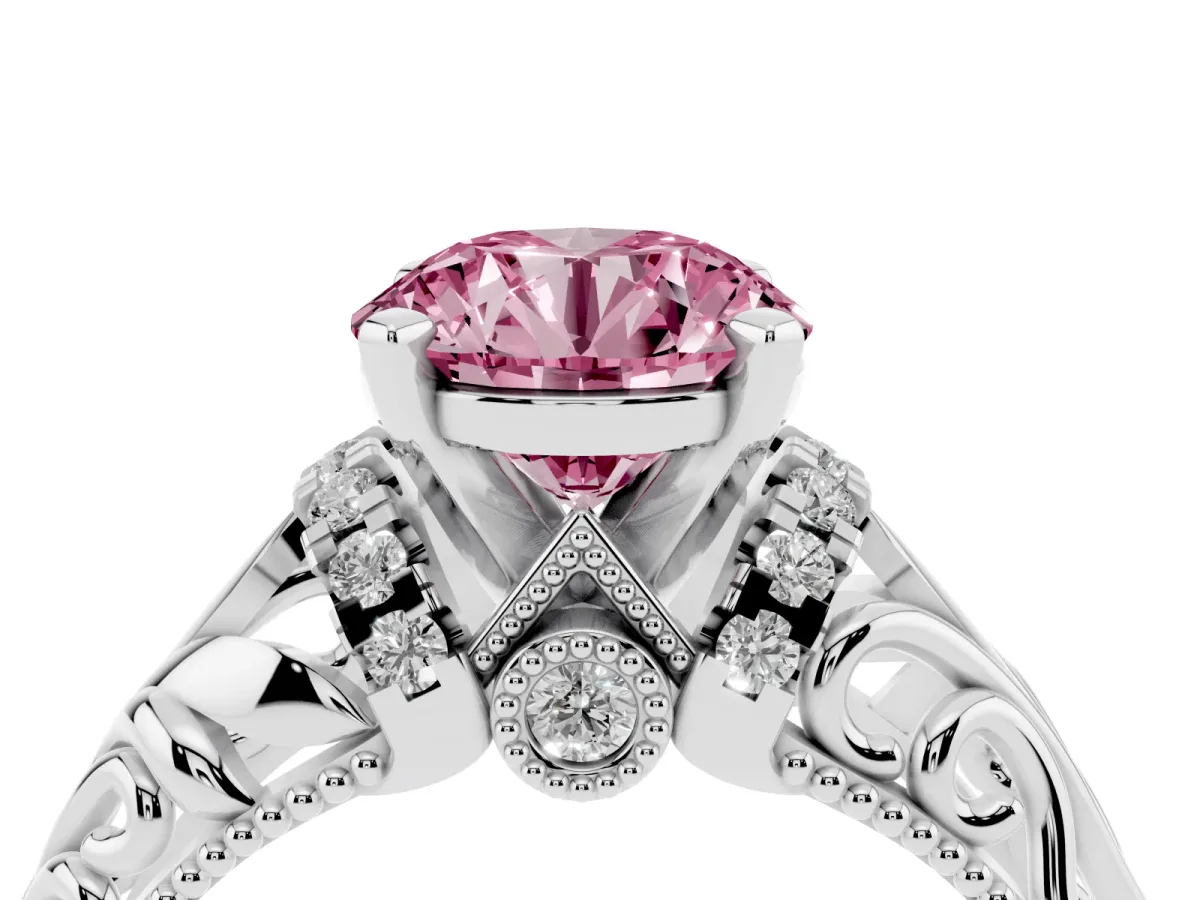 Fancy Pink Round Cut Solitaire Filigree Engagement Ring with Halo and Prong Setting Platinum