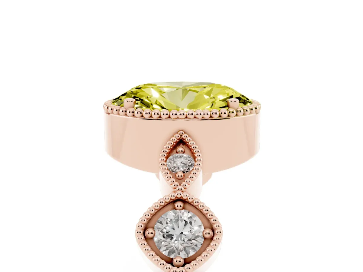 Fancy Yellow Oval Cut Diamond Vintage Milgrain Ring with Round Stations Rose gold