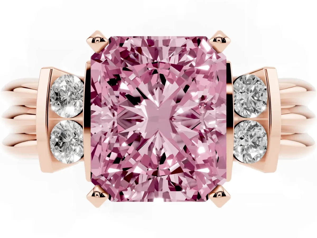 Fancy Pink Radiant Cut Cut Three-Stone Channel Set Ring with Bar Prongs Rose gold
