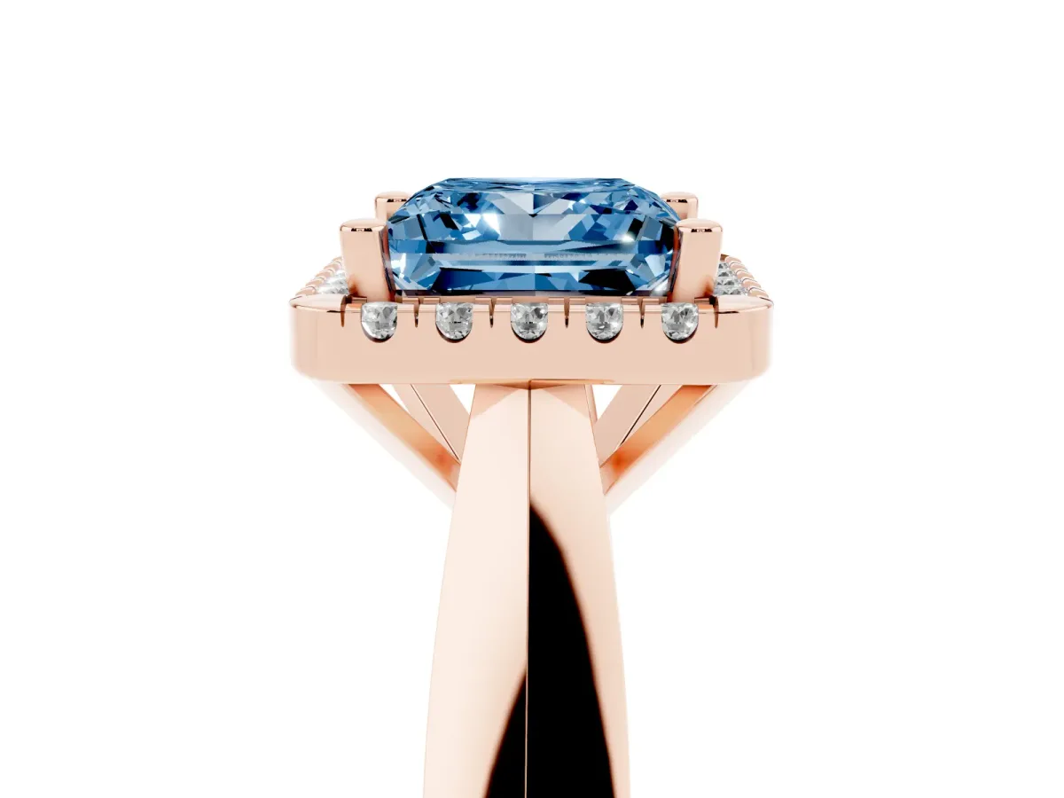 Fancy Blue Princess Cut Cut Halo Solitaire Engagement Ring with Square Band and Four-Prong Setting Rose gold