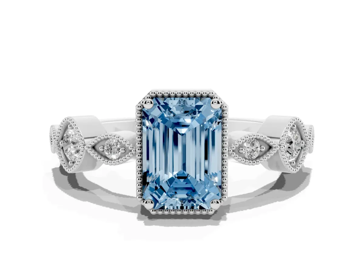 Fancy Blue Emerald Cut Diamond Vintage Milgrain Ring with Round Stations Platinum