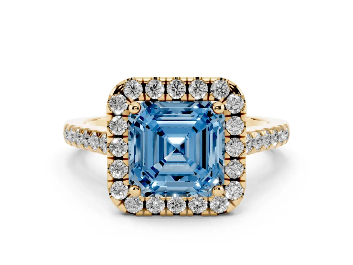 Fancy Blue Asscher Cut Halo Pavé Diamond Engagement Ring with Four-Prong Setting Yellow gold