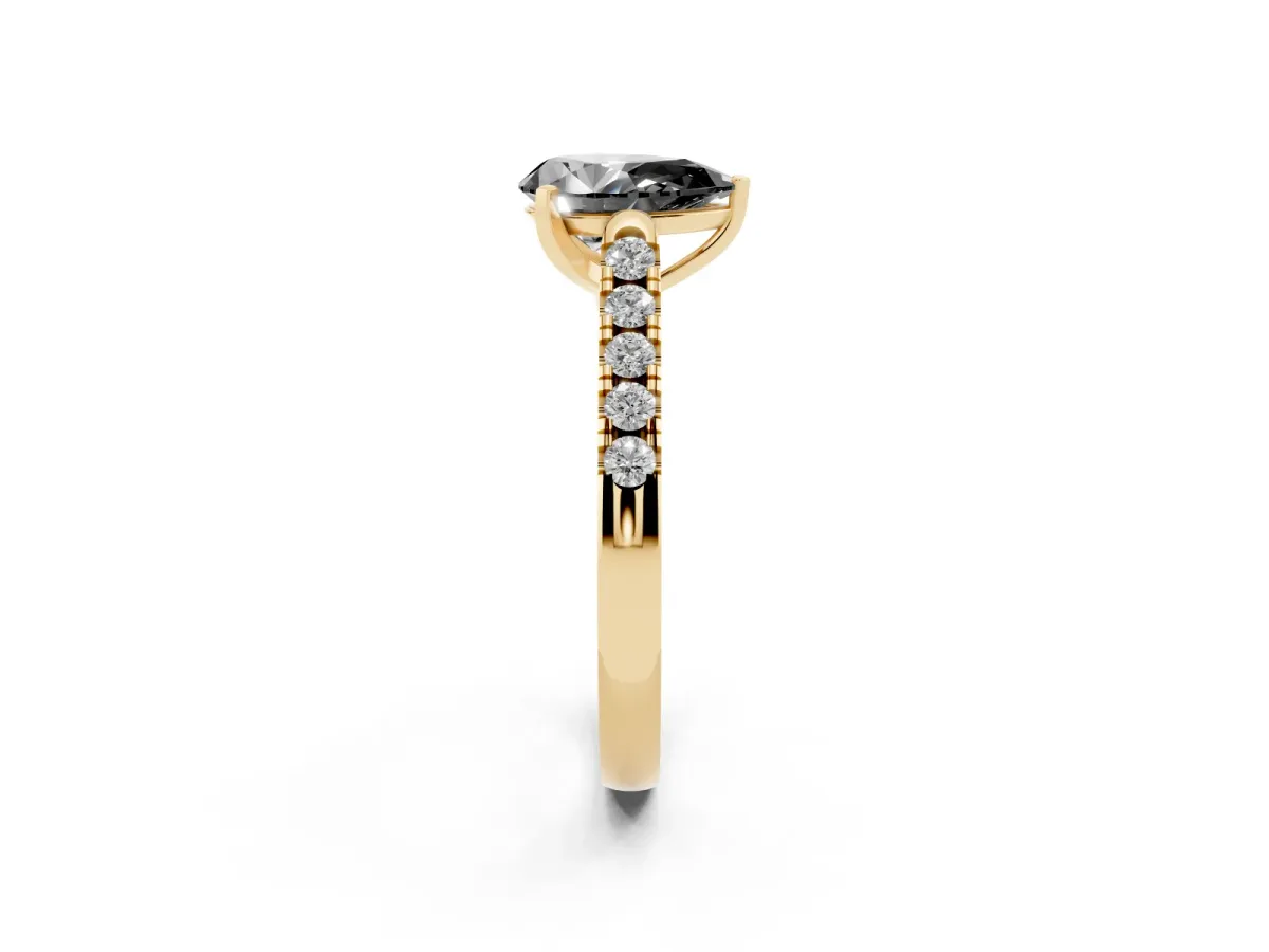Fancy Black Pear Cut Diamond Pavé Band Solitaire Ring with Prong Setting Yellow gold