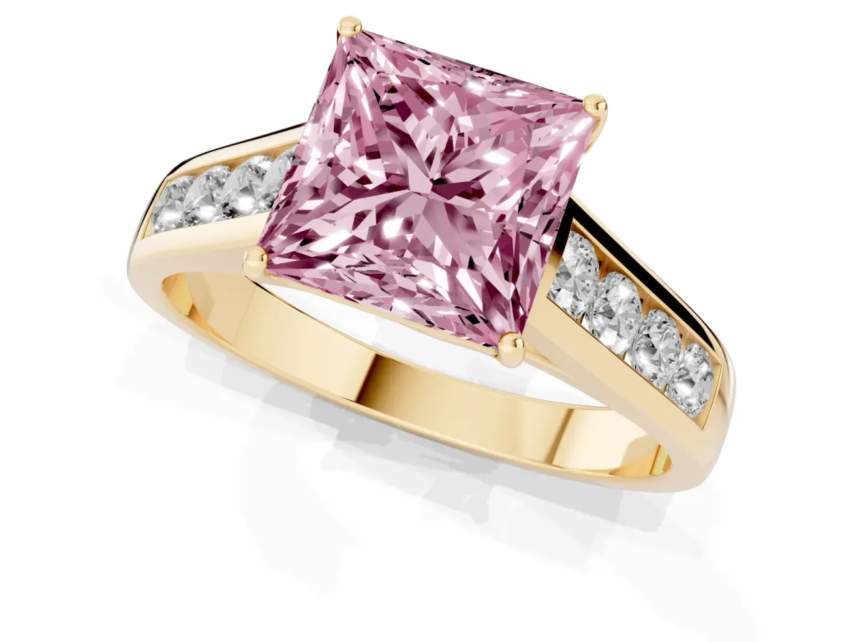 Fancy Pink Princess Cut Solitaire Channel-Set Diamond Engagement Ring with Four-Prong Setting Yellow gold