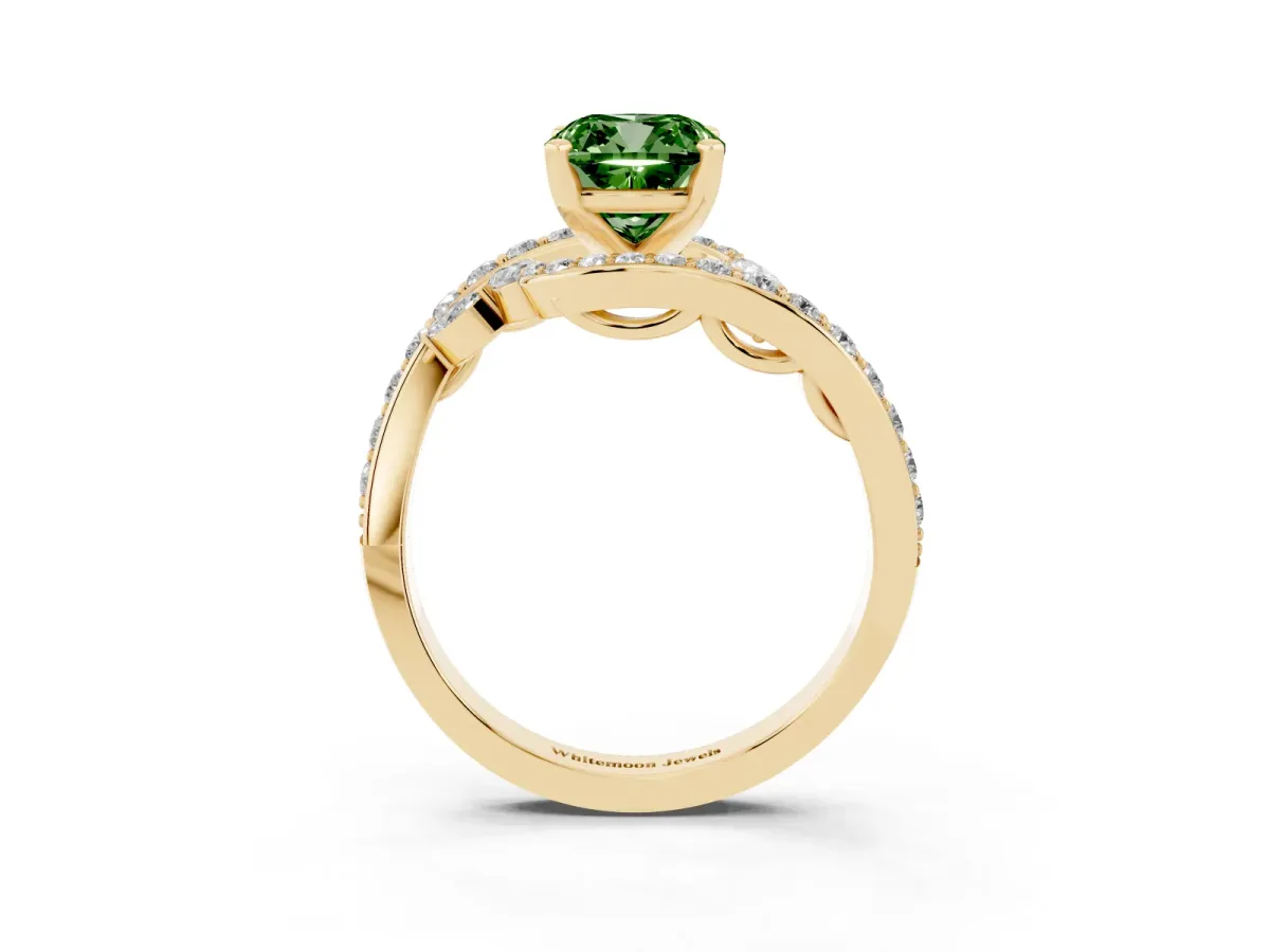 Fancy Green Cushion Cut Solitaire with Pavé Twist Band and Four-Prong Setting Yellow gold