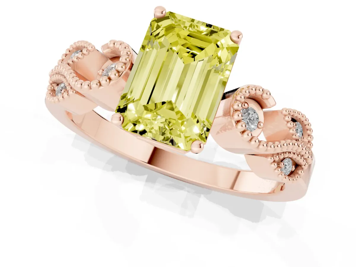 Fancy Yellow Emerald Cut Solitaire Milgrain Leaf Band with Prong Setting Rose gold