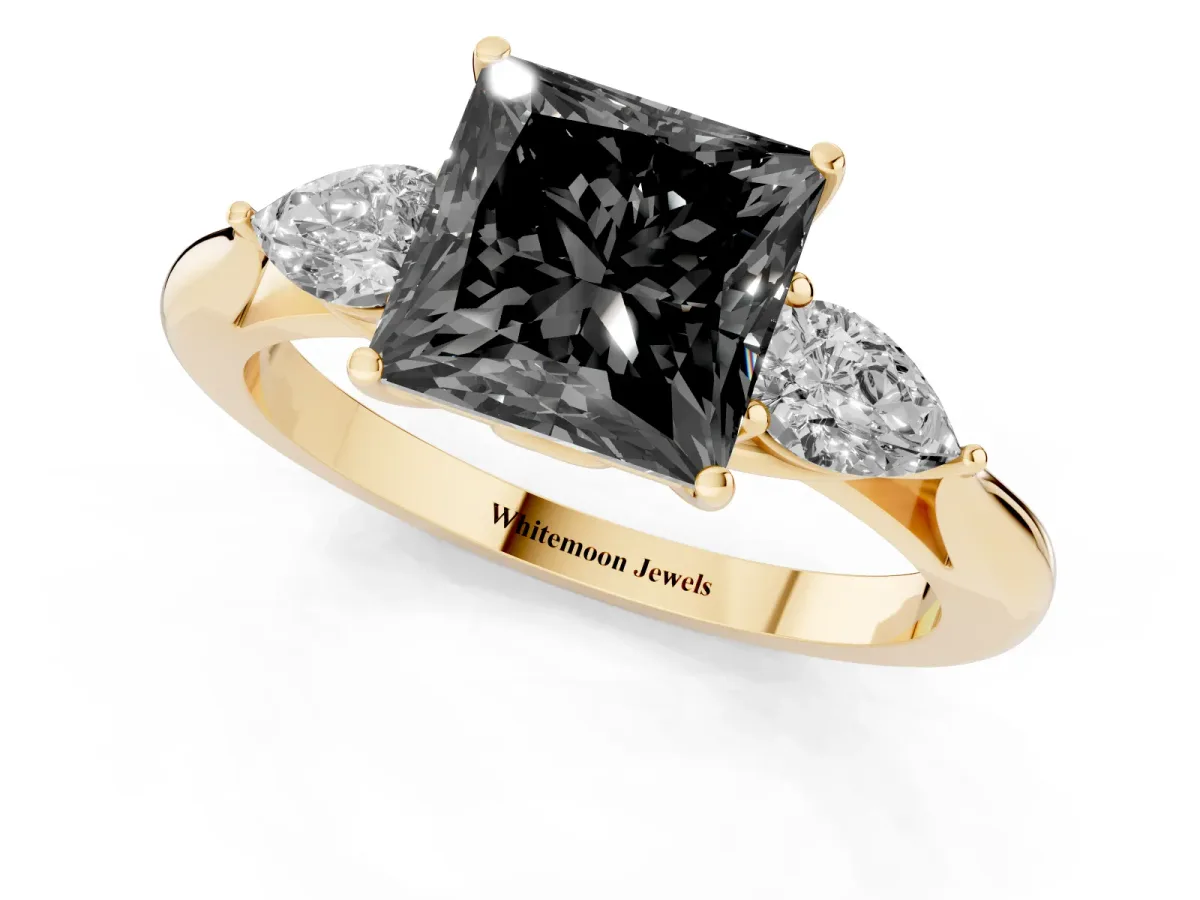 Fancy Black Three-Stone Princess Cut Brilliant Diamond Solitaire Ring with Tapered Band and Four-Prong Setting Yellow gold