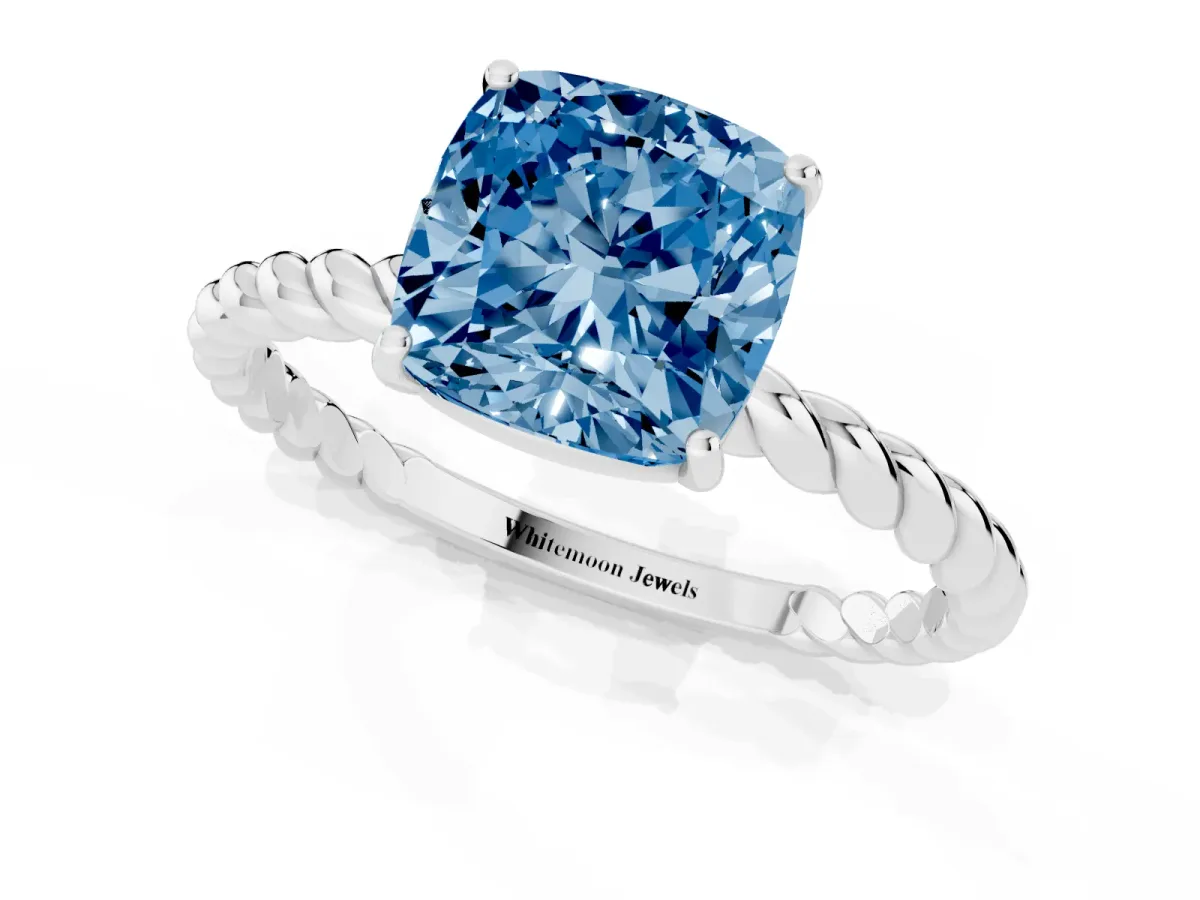 Fancy Blue Cushion Cut Solitaire Twisted Band 4-Prong Ring Silver