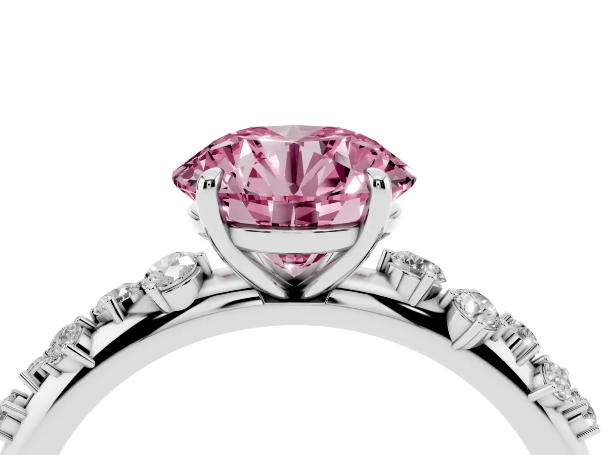 Fancy Pink Round Cut Diamond Cluster Prong-Set Solitaire Ring Silver
