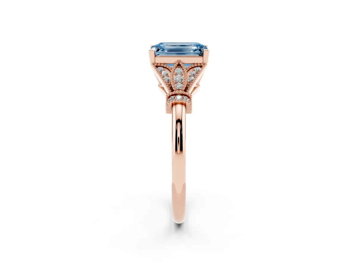 Fancy Blue Emerald Cut Diamond Solitaire Ring with Floral Filigree and Pave Accents Rose gold