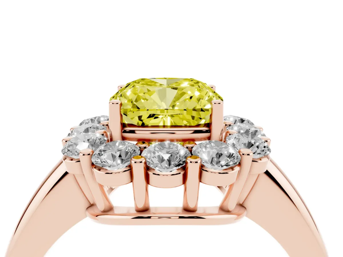 Fancy Yellow Cushion Cut Halo Cluster Diamond Engagement Ring with Prong Setting and Polished Band Rose gold