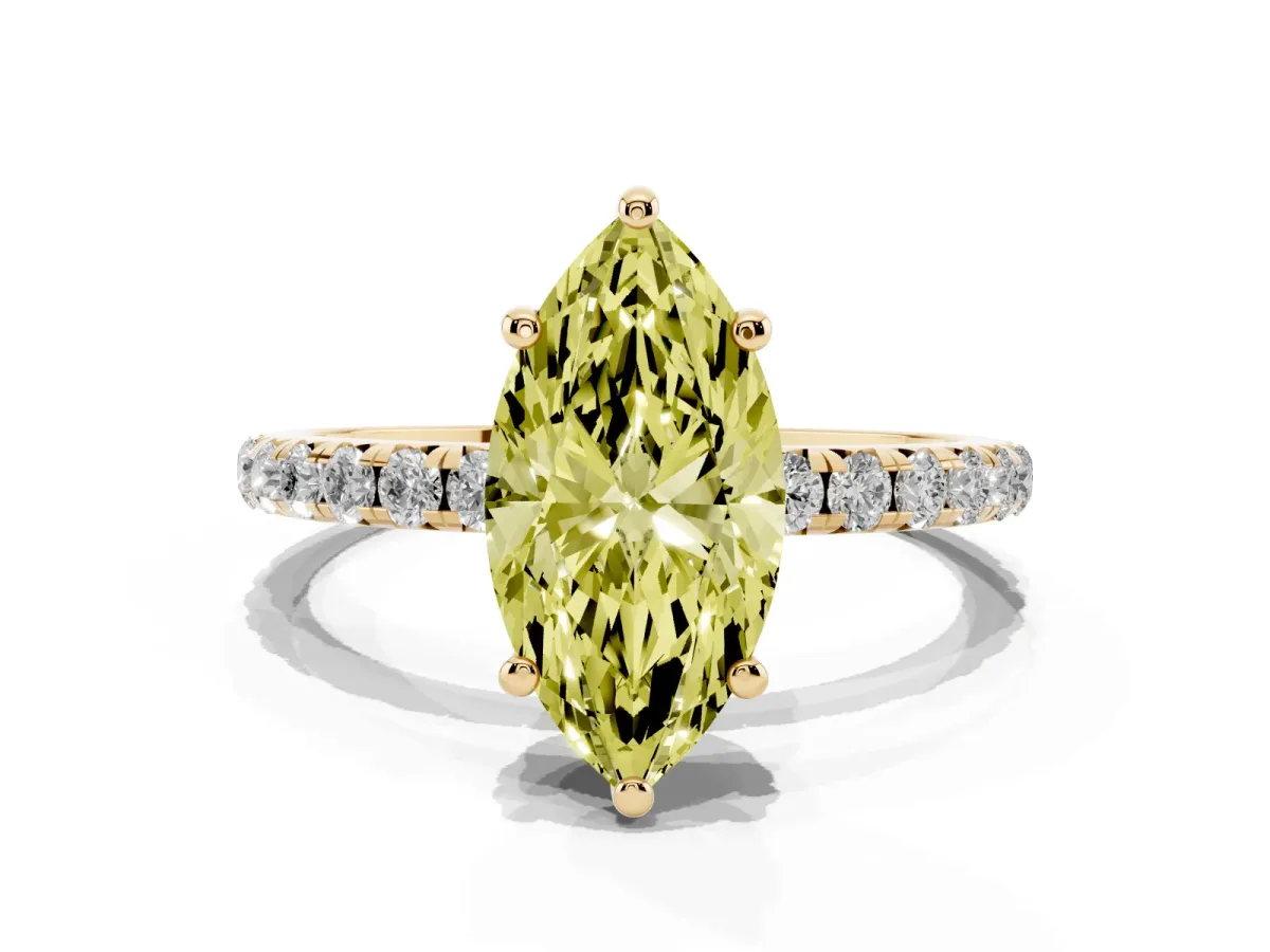 Fancy Yellow Marquise Cut Cut Diamond Solitaire Ring with Micro Pave Band and Four Prong Setting Yellow gold