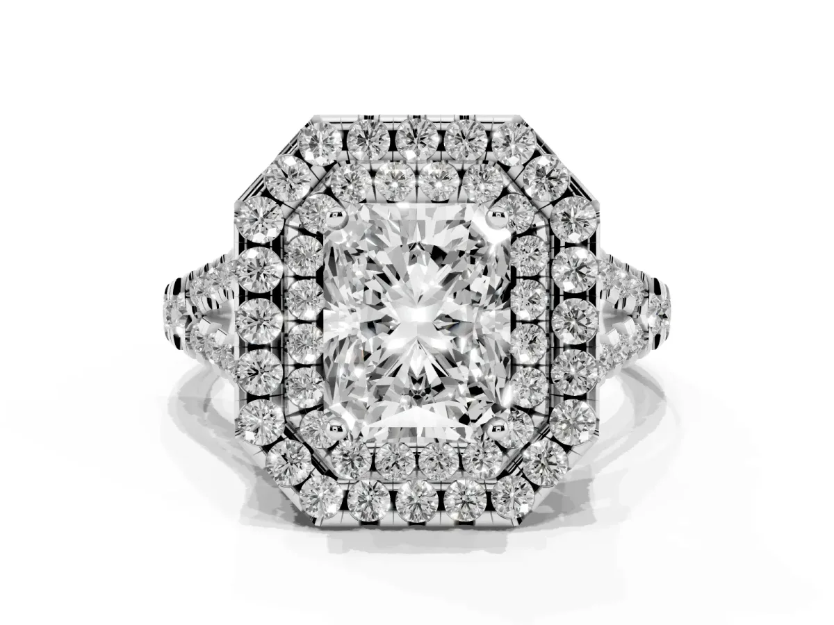 Double Halo Radiant Cut Diamond Pavé Split Shank Ring with Prong Setting Silver