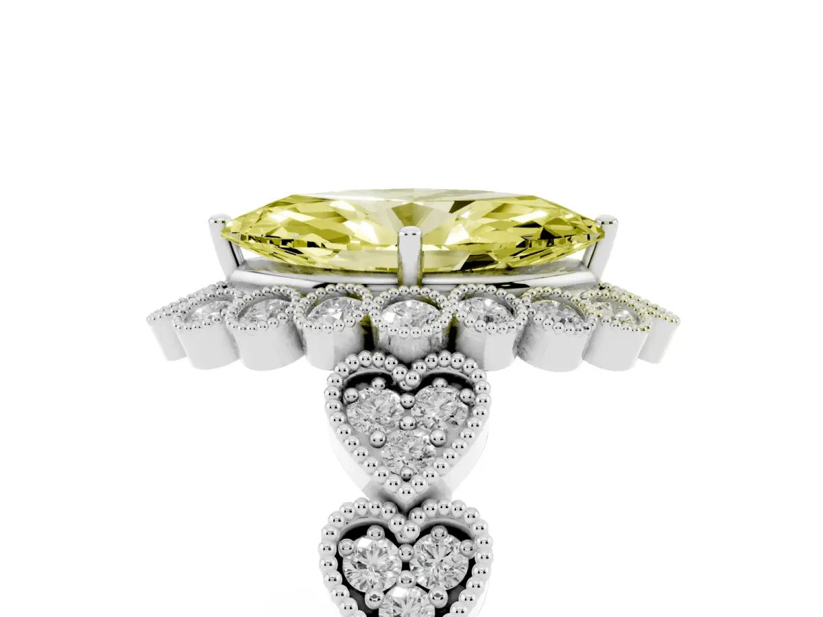 Fancy Yellow Marquise Cut Brilliant Milgrain Pave Heart Band Solitaire Ring Silver