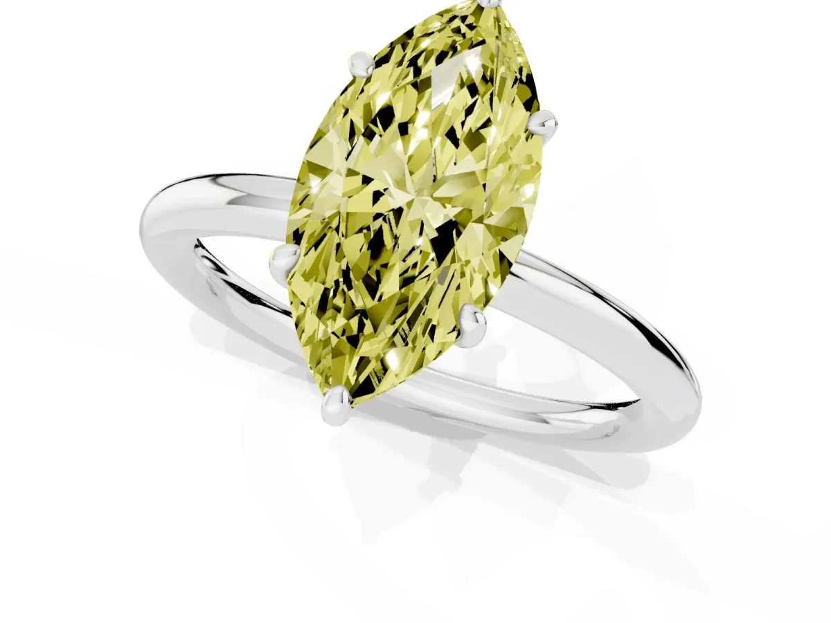 Fancy Yellow Oval Cut Solitaire Diamond Ring with Four-Prong Setting on a Plain Band Platinum