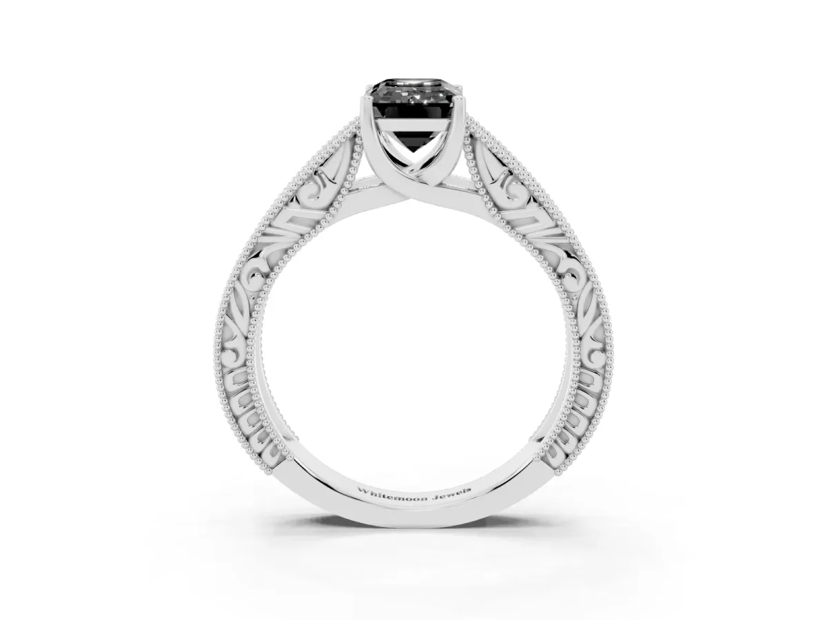 Fancy Black Emerald Cut Diamond Solitaire Ring with Engraved Band and Four-Prong Setting White gold
