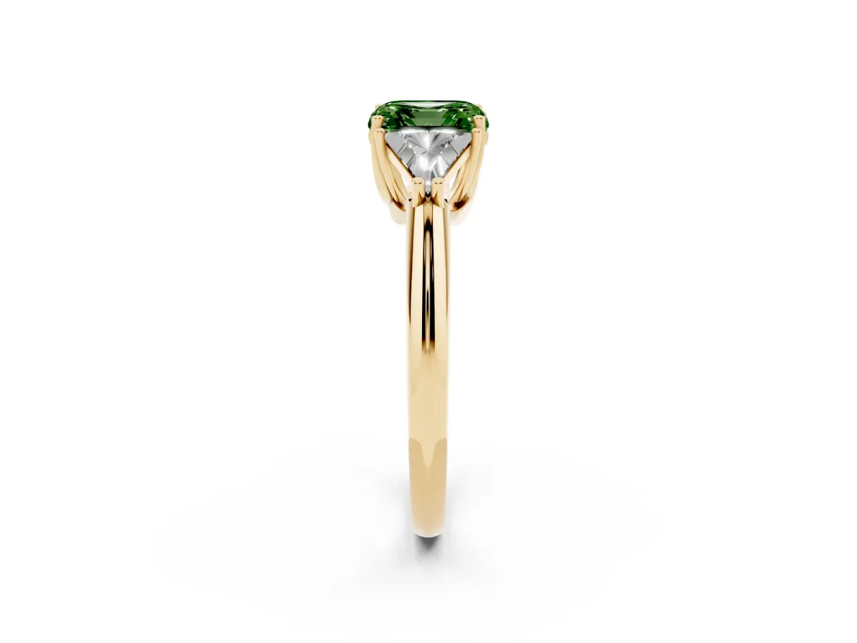 Fancy Green Three-Stone Asscher Cut Diamond Engagement Ring with Trillion Side Stones and Prong Setting Yellow gold